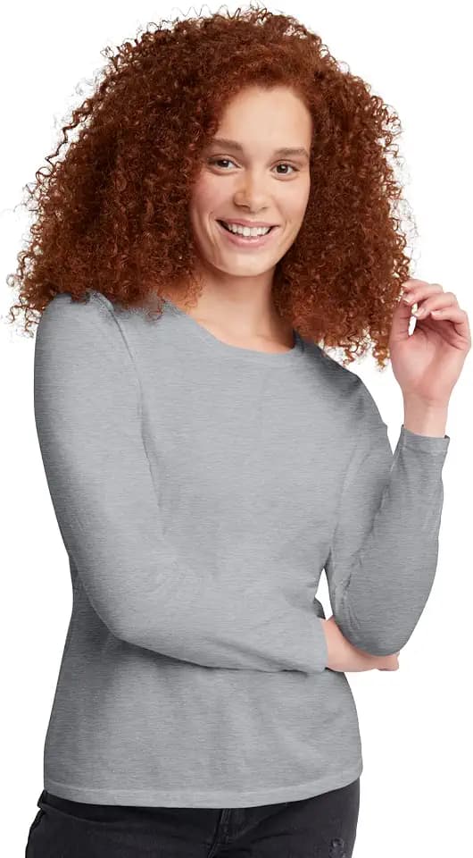 Hanes Womens Originals Long Sleeve Cotton T-shirt, Lightweight Crewneck Tee, Modern Fit, Light Steel, Large US