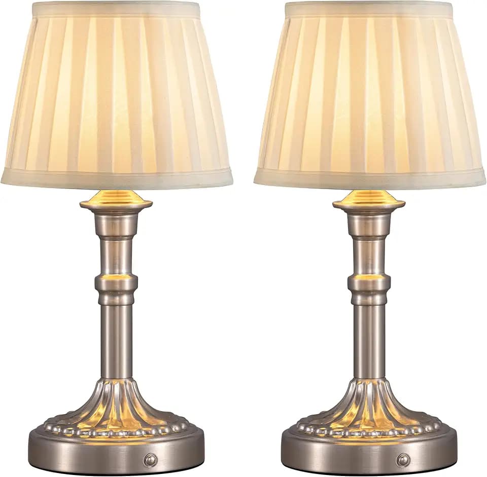 KDG Nickel Cordless Table Lamps Set of 2, Beige Fabric Shade Desk Lamp