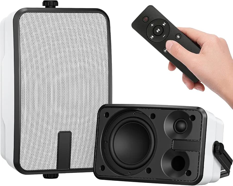 400W Outdoor Bluetooth Speakers, Powerful Bass, Wireless Sync with 100 Speakers, Wall Mount for Patio, Porch, Gazebo, Garage, Pair (MZ-621)