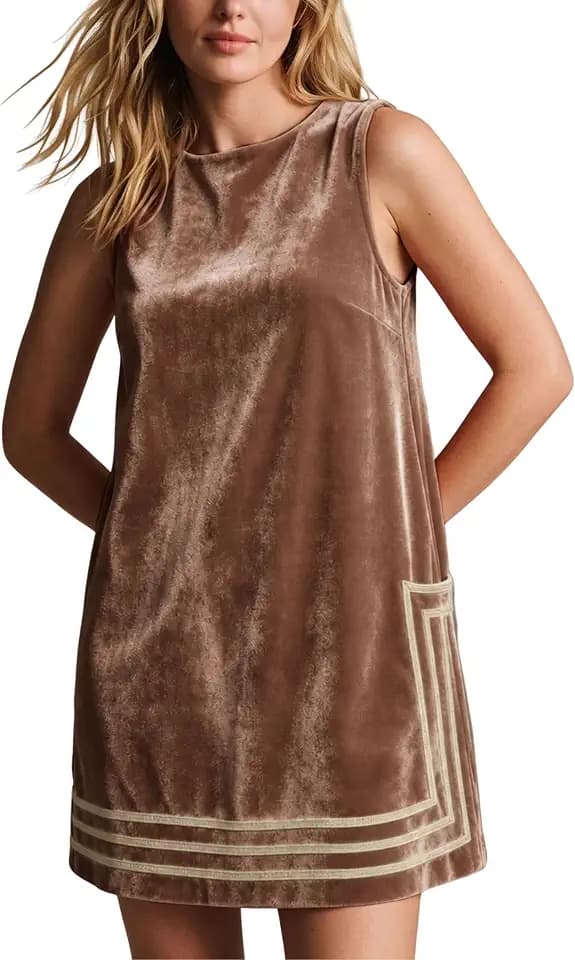 Athlisan Women's Velvet Mini Dress Sleeveless A Line Crew Neck Color Block Casual Skirtall with Pockets Party Outfit