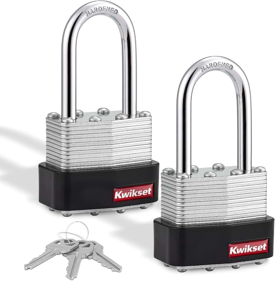 Kwikset Laminated Steel Padlock with Hardened Steel Shackle, 2-Pack, Silver