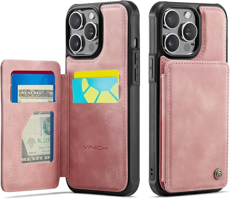 Vinich for iPhone 14 Pro Max Wallet Case with Card Holder, Rose Pink