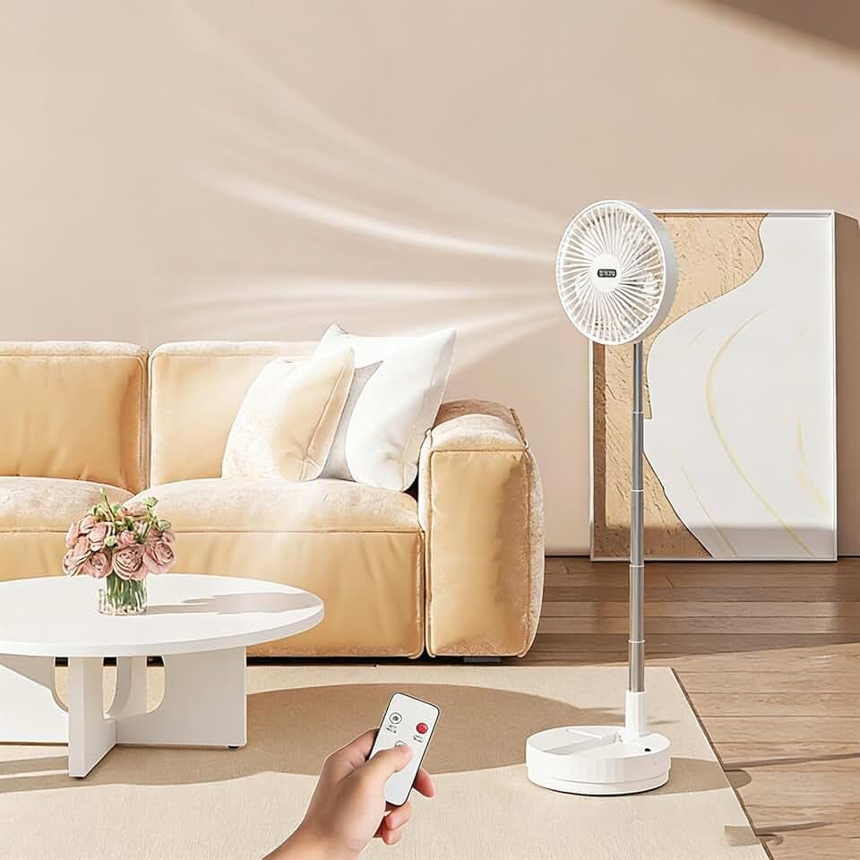 Tragbarer faltbarer Ventilator, oszillierend & winkelverstellbar, mit Fernbedienung, 8000 mAh Akku, ultra-leise 4 Geschwindigkeiten, ideal für Zuhause, Büro, Reisen & Camping