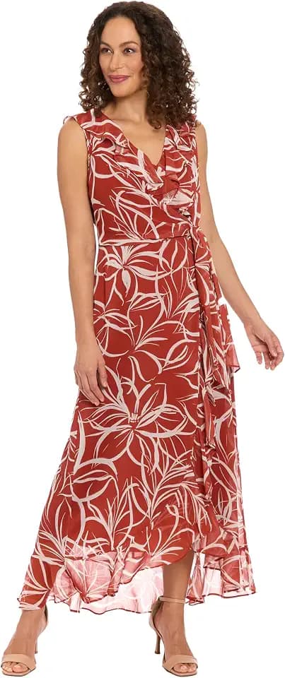 London Times Women's Sleeveless Ruffle Detail Faux Wrap Tie Midi Dress