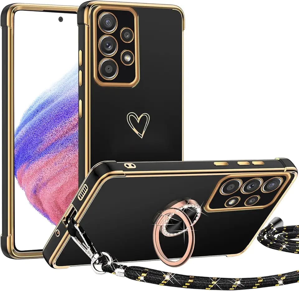 TUUTPU Handyband für Samsung Galaxy A53 5G Hülle mit Band, Herz Muster Handyhülle mit 360° Ring Ständer Dünn Silikon TPU Stoßfeste Schutzhülle mit Abnehmbar Kordel zum Umhängen mit Schnur, Schwarz