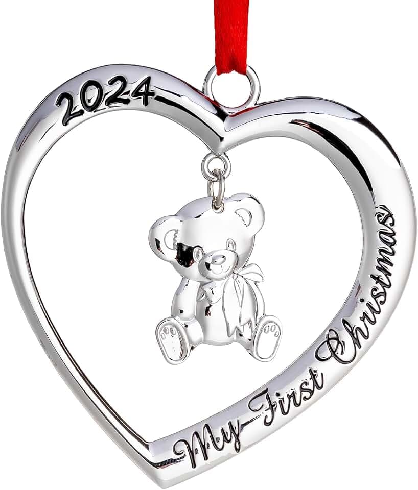 Klikel Baby 's First Christmas Ornament 2024 - My First Christmas Ornament 2024 Heart with Hanging Teddy Bear - Baby First Christmas Ornament 2024-1st Christmas Baby Ornament 2024 - Baby Boy Girl