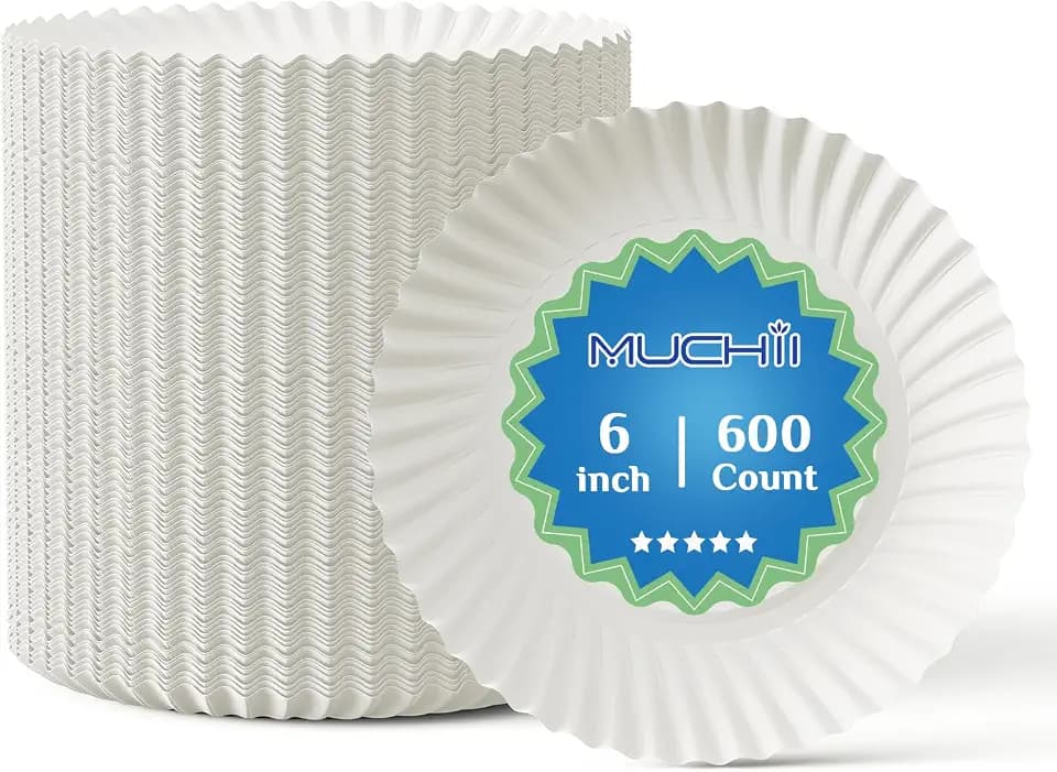 MUCHII 6 Inch Paper Plates, 600 Count White Uncoated Disposable Bulk