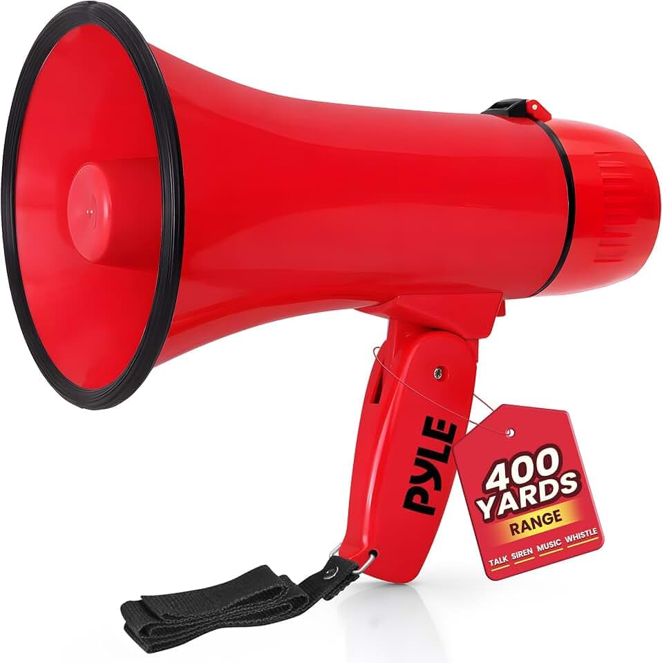 Pyle 20W Megaphone Bullhorn - 5.43" x 8.66" Portable Megaphone, 400-Yard Projection Range, Automatic Siren, Voice Talk, Music & Whistle, Adjustable Volume, Shoulder Strap, Battery Operated