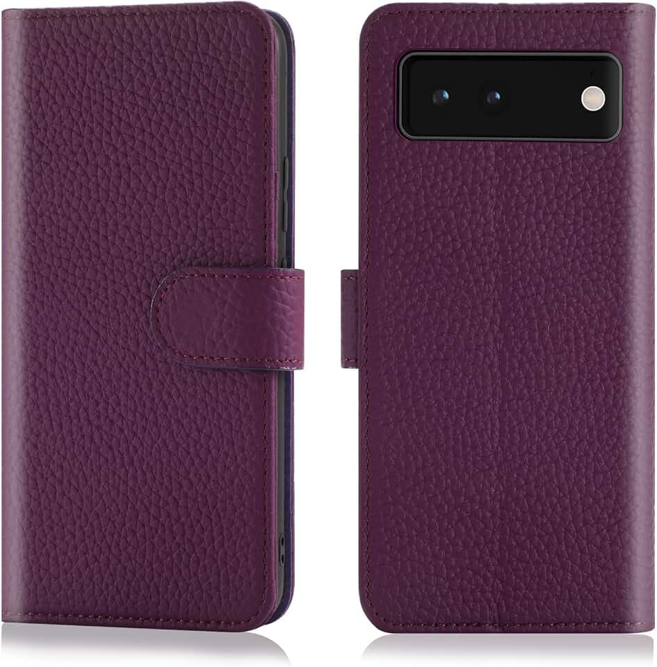 for Google Pixel 6 Pro Wallet Case,[RFID Blocking] Cowhide Genuine Leather Flip Folio Protective Book Cover Credit Card Holder [Kickstand Function] [Shockproof Soft TPU Shell] (Purple)