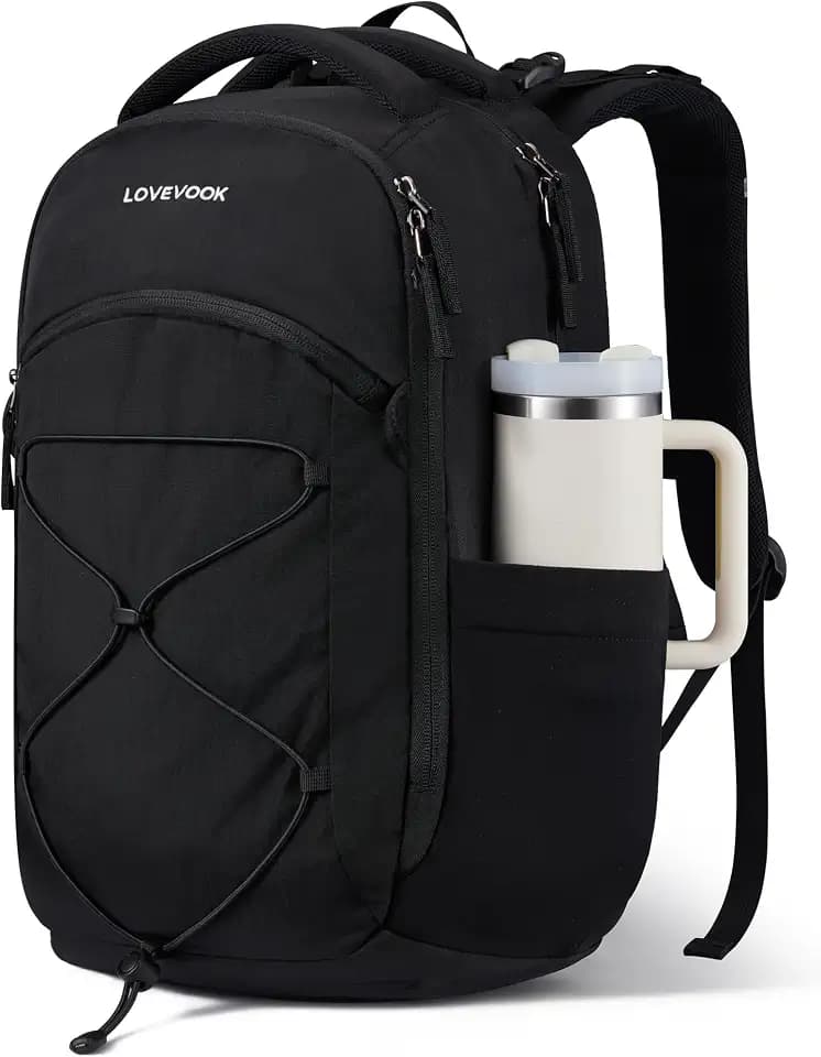 LOVEVOOK Everyday Laptop Backpack for Women & Men With Giant Tumbler Holder,15.6 Inch Classic Travel Work College Teacher Carry on Backpack Purse,Waterproof Computer laptop Bag Hiking Backpack,Black