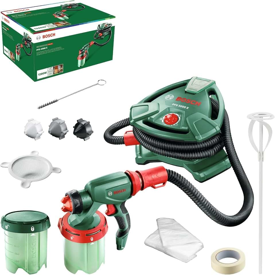 Bosch Farbsprühsystem PFS 5000 E (1200 W, 2x Farbbehälter 1000 ml, Düsen für Wandfarben, Lackfarben, Lasuren, im Karton) - Amazon Edition