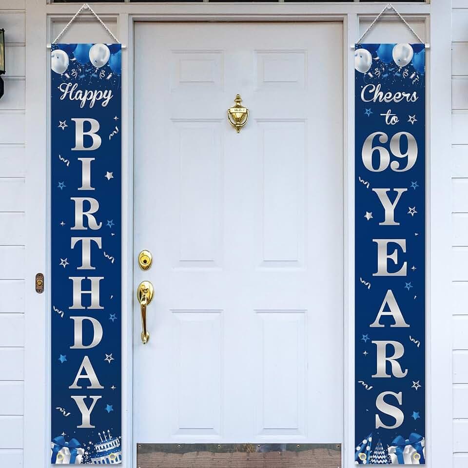 Happy 69th Birthday Door Banner Porch Sign Blue Silver, Cheers to 69 Years Birthday Party Decorations Supplies for Men