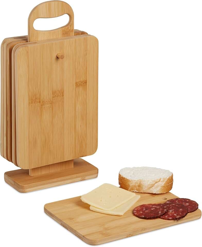 Relaxdays Frühstücksbrettchen mit Ständer, 6er Set, kleine Schneidebretter Bambus, 22 x 16 cm, Brotzeitbretter, Natur