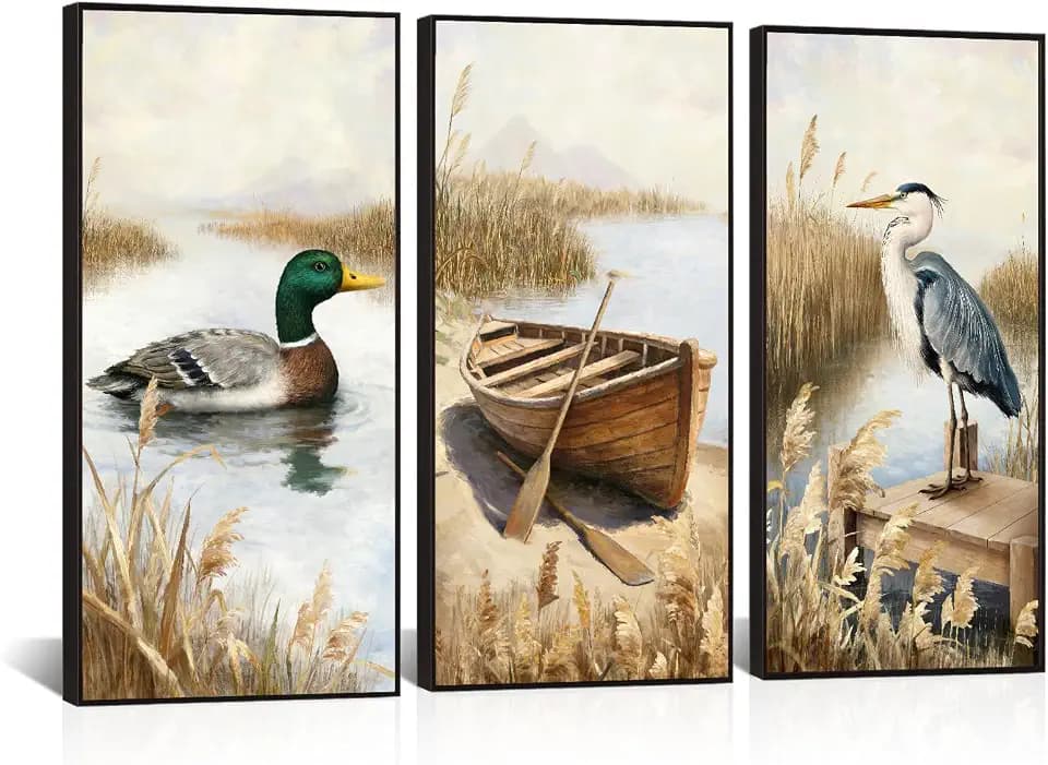 sechars Lake Scene Wall Art Mallard Duck, Heron and Rowboat Picture Framed Canvas Set of 3 Vintage Farmhouse Cabin Lake House Living Room Decor Each Piece12 x24