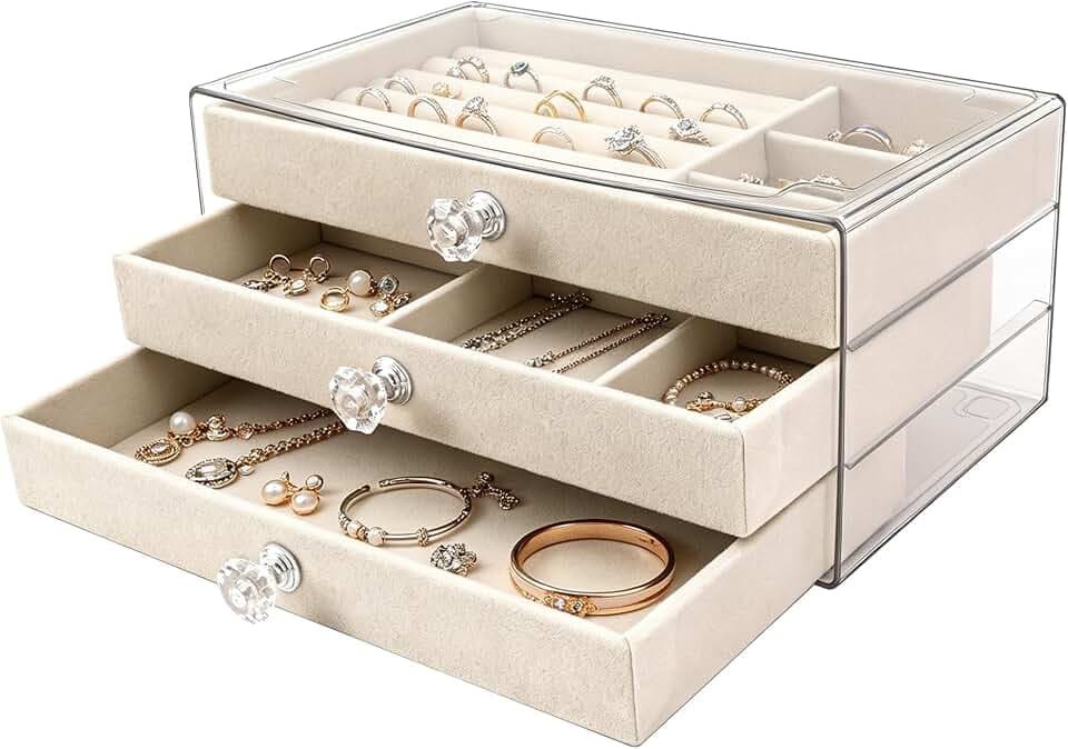 Schmuckkästchen, 3-lagiger Schmuckschatulle für Damen, Schmuckaufbewahrung Schublade, Schmuckkasten mit Samt-Futter, für Ohrringe, Halsketten, Ringen (Beige)