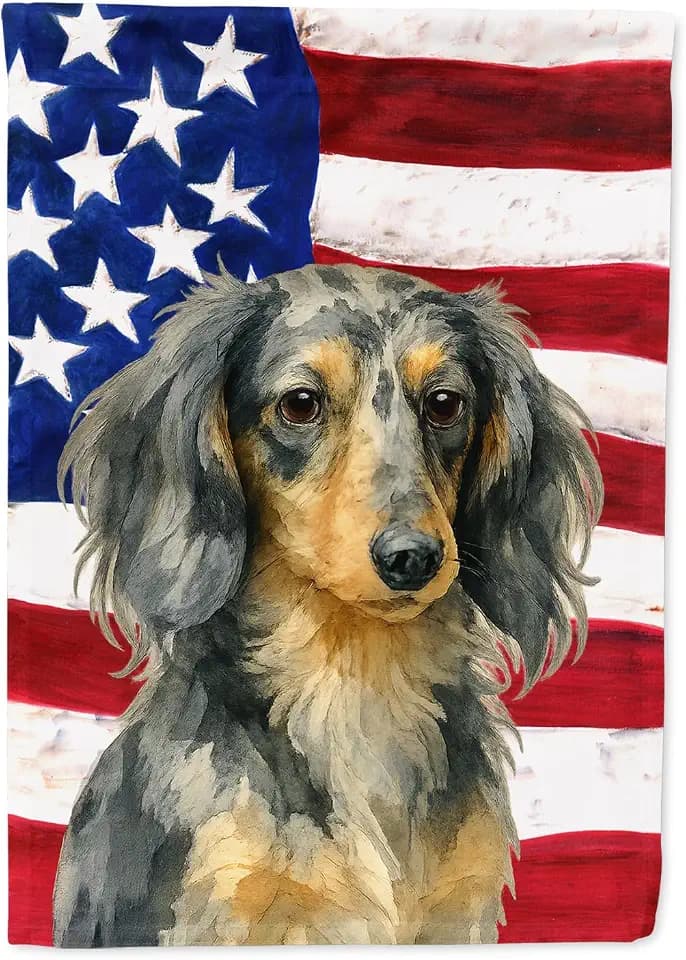 Caroline's Treasures Longhaired Dapple Dachshund American Flag Garden Flag Mailbox Flag Decorative Yard Flag Banner Outside Patio Artwork Yard Flower Beds, Garden Size, Multicolor