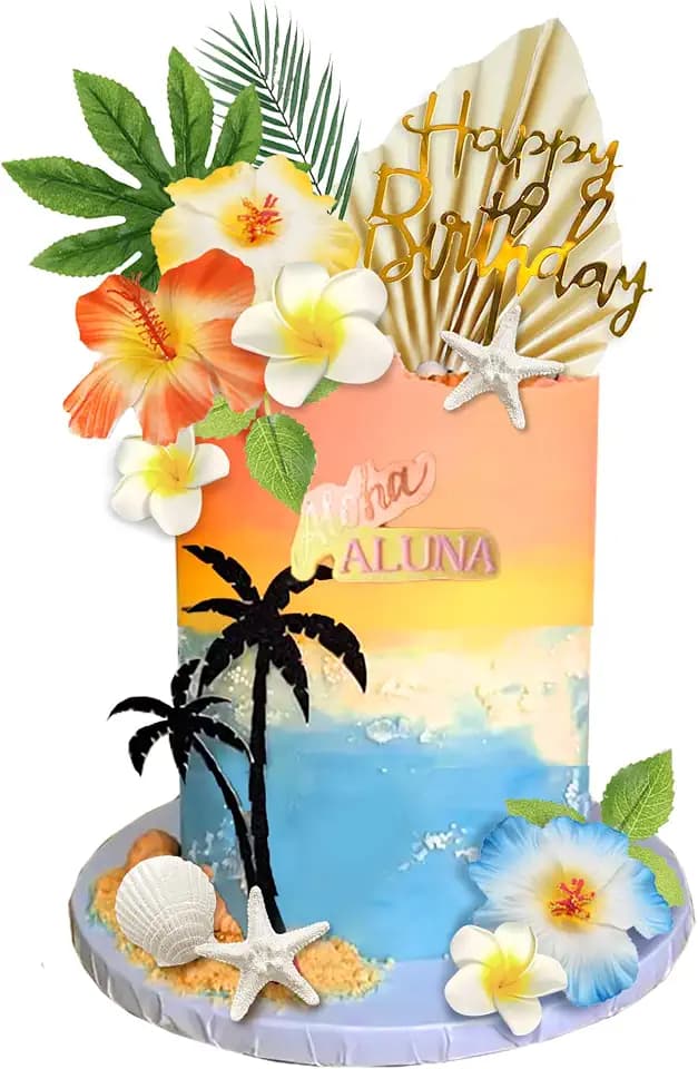 Beach Cake Topper Tropical Summer Decorations with Flowers Palm Leaves