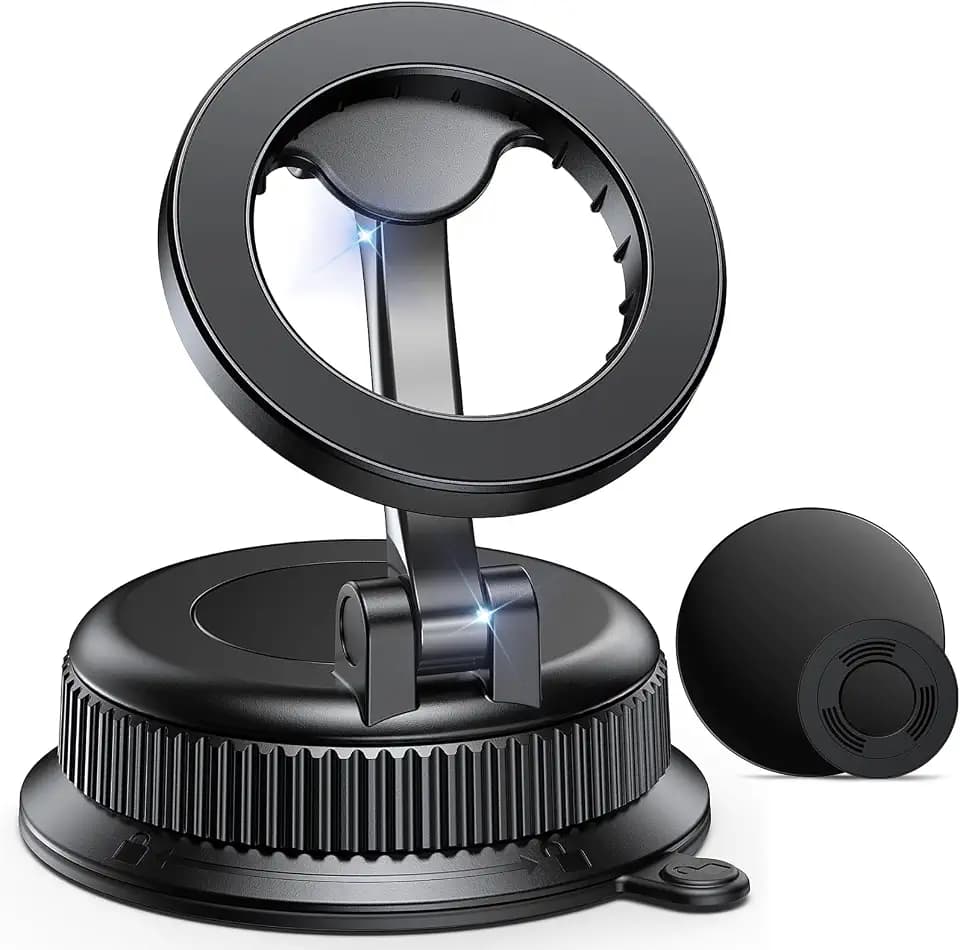 Vacuum Car Phone Holder for MagSafe, No-Glue Suction Cup Mount with Dashboard Pad, Reinforced Zinc Alloy Hinge, 360° Rotatable Foldable Cell Phone Holder for iPhone 17 16 15 14 13 12 Series