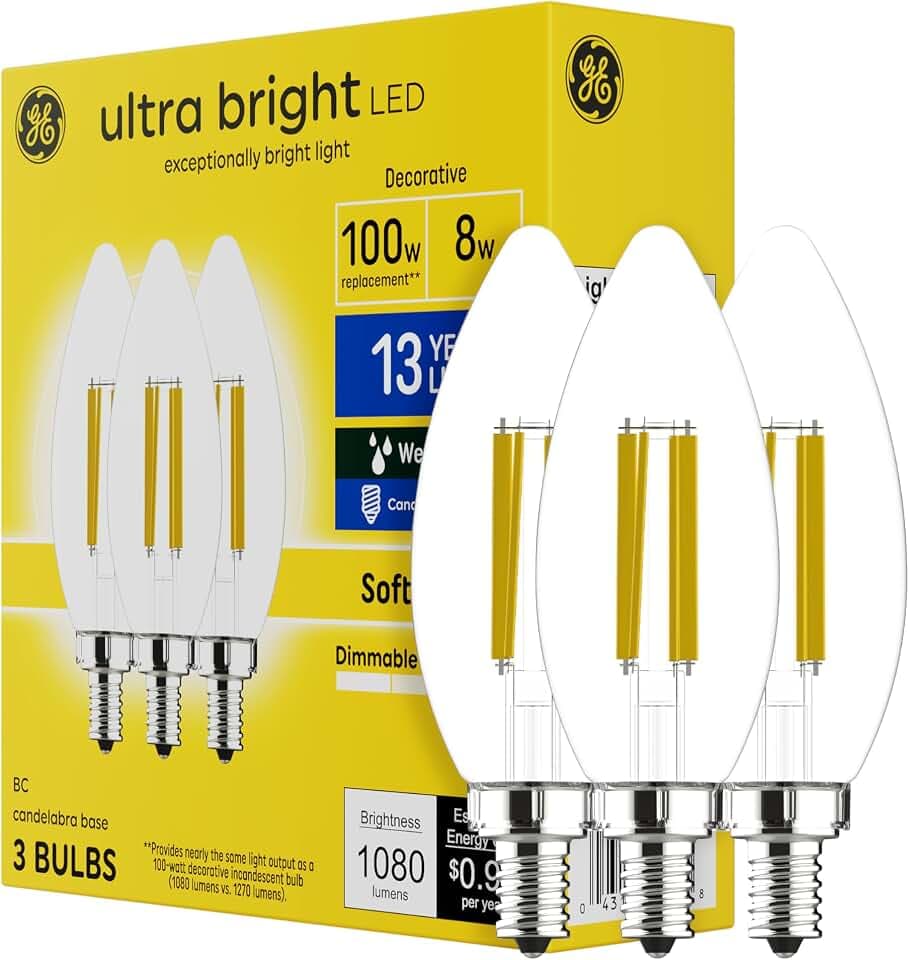 GE Ultra Bright LED Light Bulbs, 100W, Soft White Candle Lights, Clear Decorative B12 Light Bulbs (3 Pack)