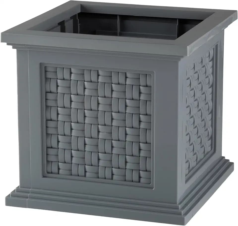 Rattan Style Outdoor Planter Box - 14.65-Inch-Square Decorative Flower or Plant Pot - Garden, Patio and Front Porch Decor by Pure Garden (Gray)