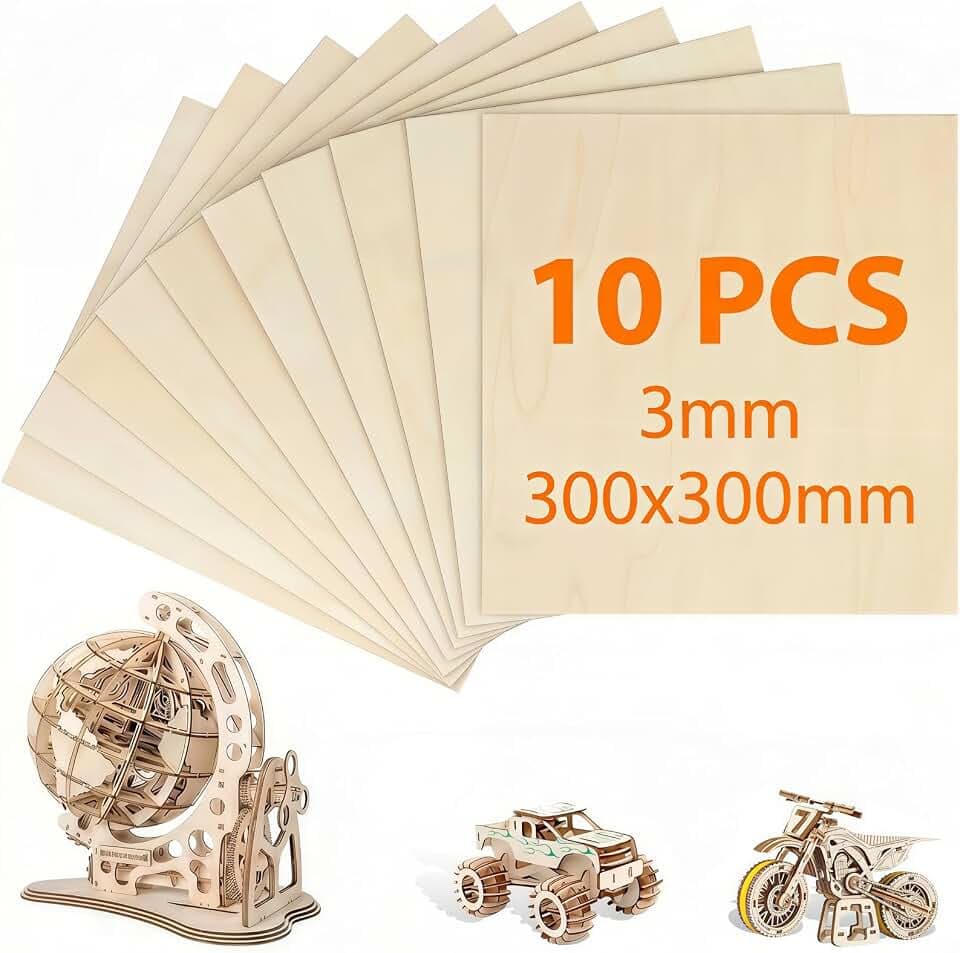 10 Stück Sperrholzplatte 3mm, 30x30cm Holzplatten zum Basteln, Sperrholz 3mm für Laserschneiden & Gravieren, Bastelholz Pappel für Modellbau & DIY, Holzplatte 300x300mm
