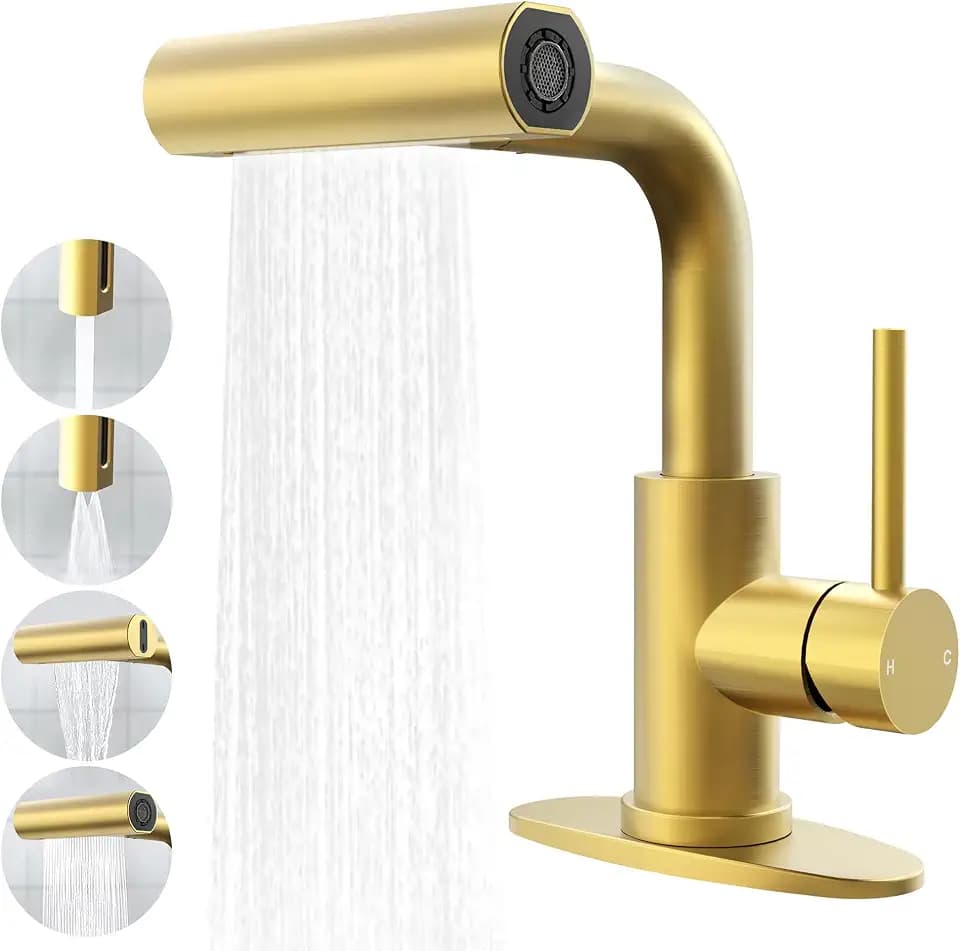 Gold Bathroom Faucet with Sprayer - Brushed Gold Bathroom Faucets for Sink 1 Hole or 3 Holes, 4 Mode Single Handle Vanity Faucet Waterfall Bathroom Faucet with Pull Down Sprayer (No Drain)