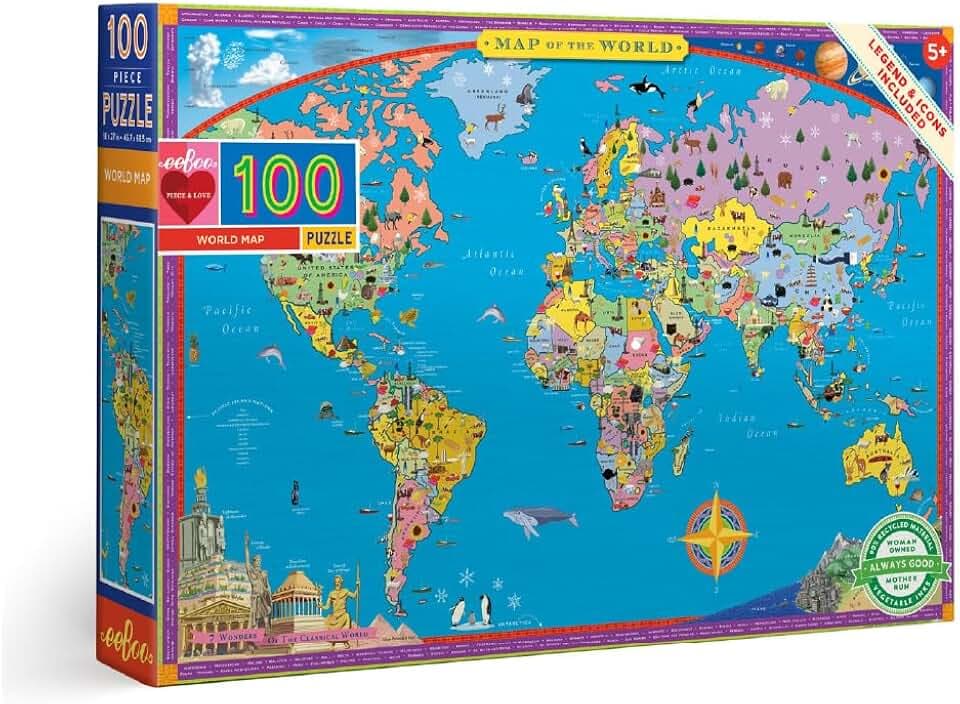 eeBoo World Map 100 Piece Children's Puzzle, 27" x 18" Geography Themed
