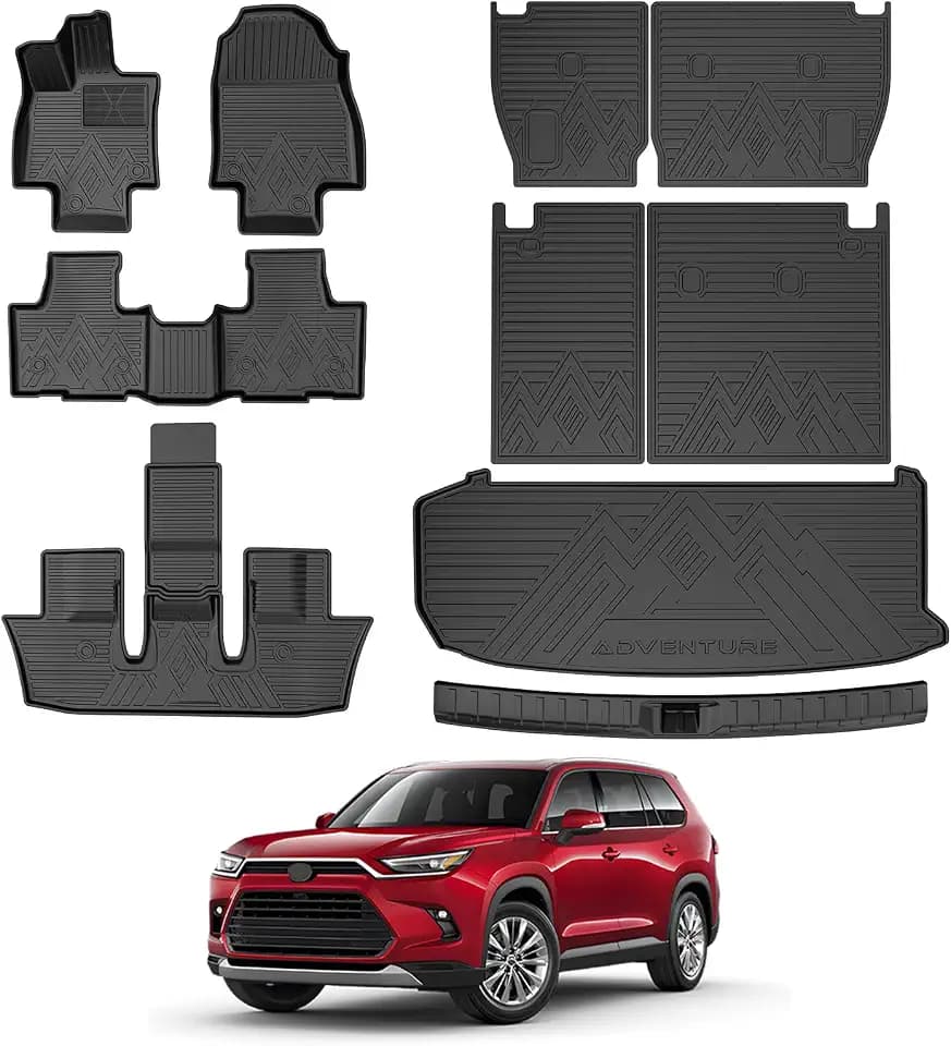 T TGBROS Floor Mats for Toyota Grand Highlander 2024-2026, 7 & 8 Passenger, All Weather Custom Fit TPE Liner Set with 1st 2nd 3rd Row Mats, Seatback Covers, Cargo Liner & Door Sill Protectors