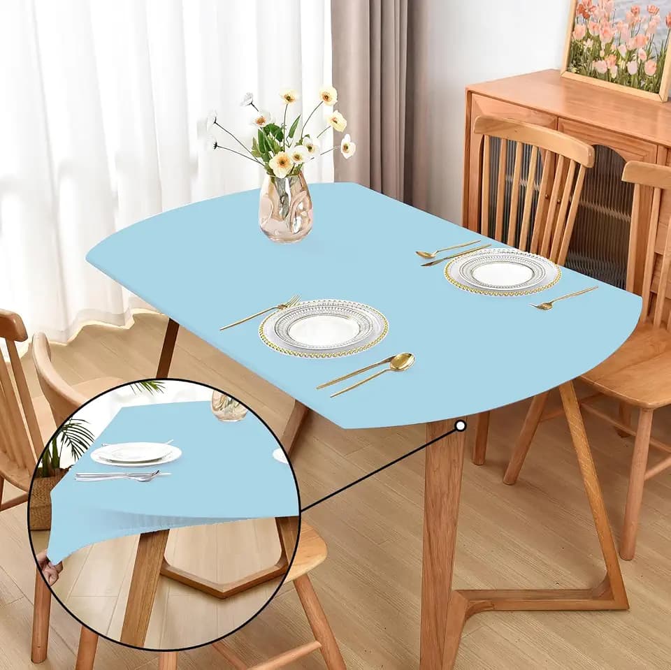 Oval Dusty Blue Blue Fitted Tablecloth with Elastic 48x72 inch for Oval Tables Washable Stretchy Spandex Fabric Table Cover Cloth Not Vinyl Table Protector