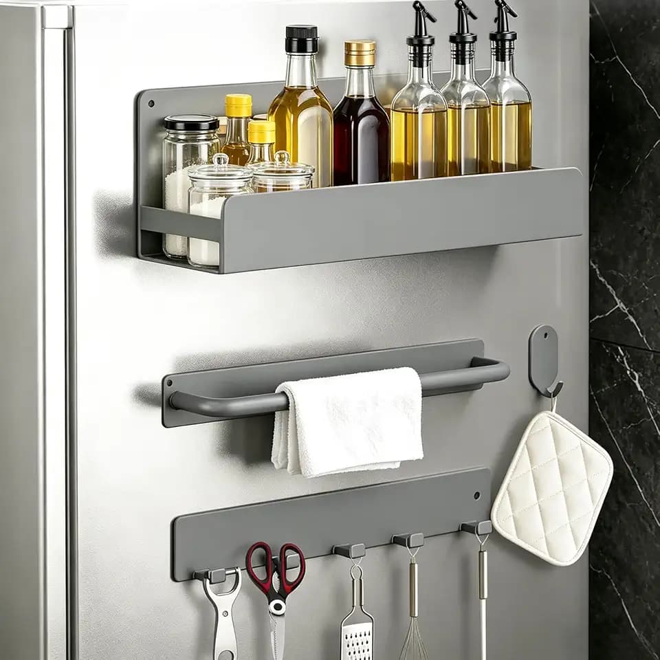 AiQInu 4-teiliges magnetisches Küchen Organizer Set, modulare Magnetregale mit Gewürzregal, Handtuchhalter, Haken & Rundhaken, starker Magnethalter ohne Bohren für Kühlschrank, Waschmaschine, Grau