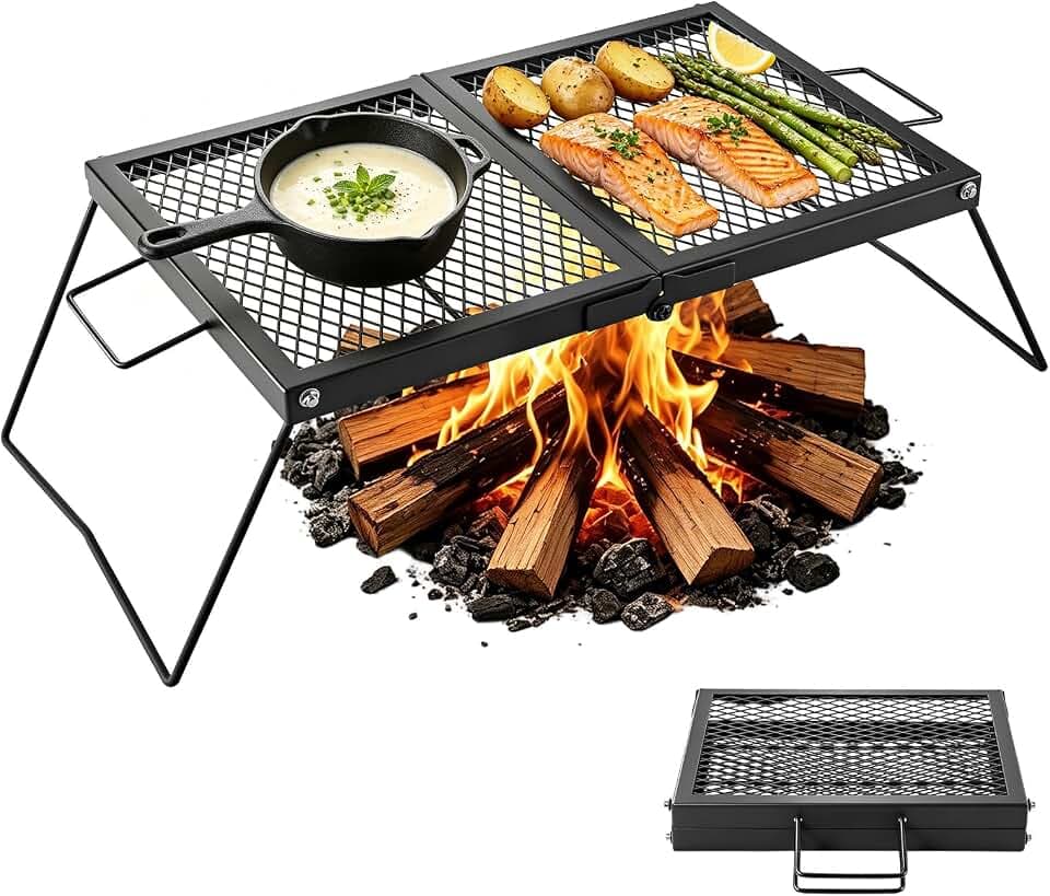 VEVOR Heavy Duty Folding Campfire Grill, 24" Portable Camping Grill Grate, Sturdy Steel Mesh, Compact Equipment Over Fire Pit, with Legs and Handle, Grilling Rack for Outdoor Open Flame Cooking, Black