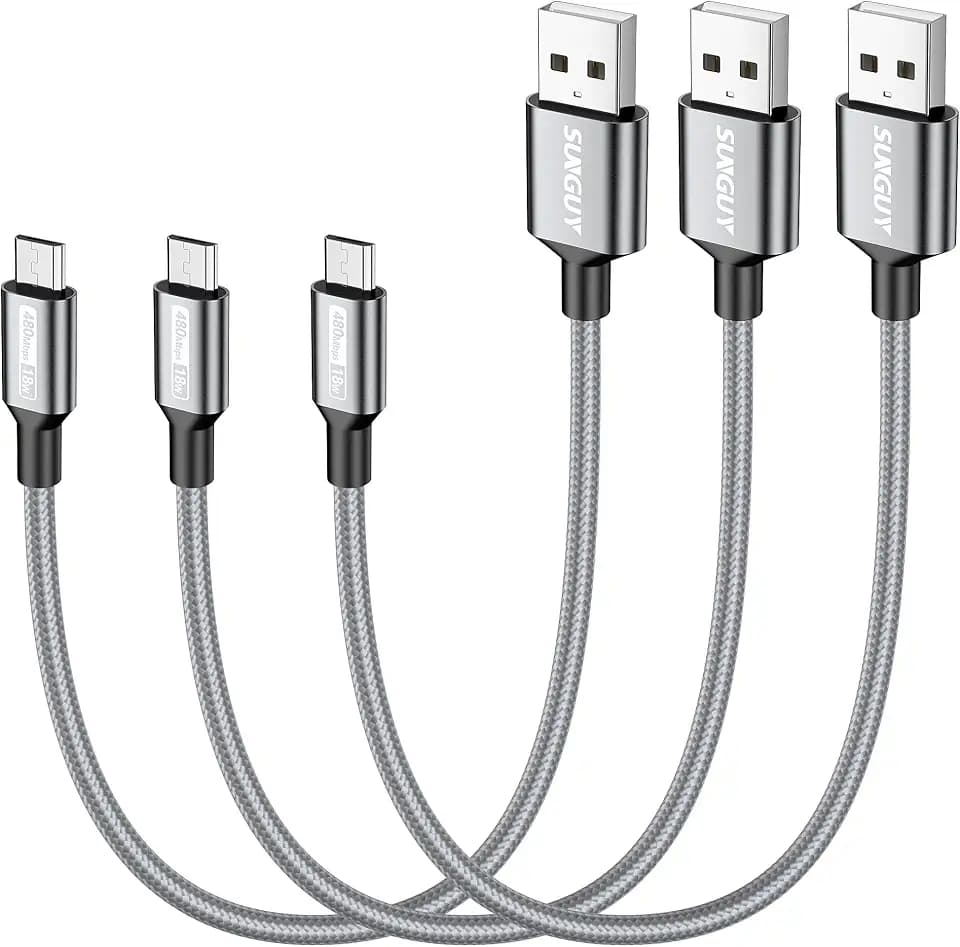 SUNGUY Micro USB Cable 1FT, [3-Pack] Short USB to Micro USB Cable Fast Charging USB 2.0 Data Sync Nylon Braided for Samsung Galaxy S7 Edge S6, Power Bank, Android Phone, PS4, TV Stick