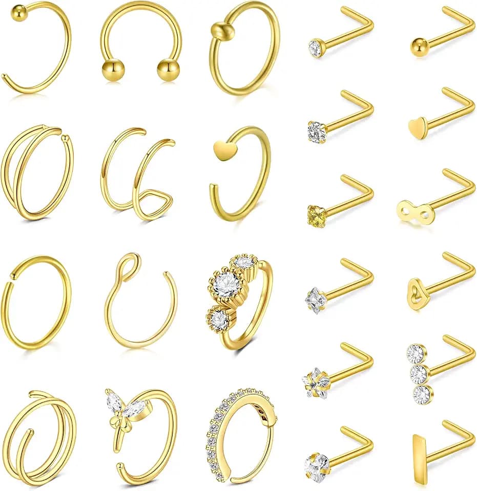 Incaton 20G Stainless Steel Nose Rings for Women Nose Rings Hoops L Shaped Nose Studs Screw Nose Piercing Jewelry for Women Men Silver Rose Gold Black Rainbow
