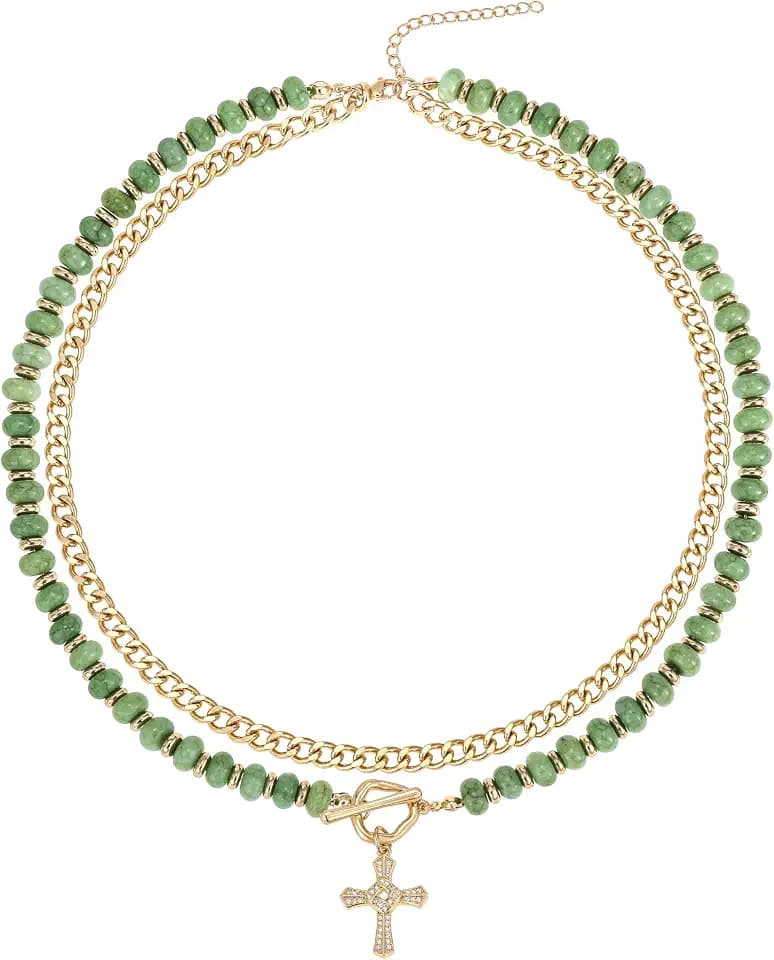 Layered Necklaces for Women, 14K Gold Plated Cross Pendant & Colorful Beaded Gemstone Choker, Cute Trendy Jewelry, Anti-Tangle Single Clasp, Summer Beach Boho Necklace for Women