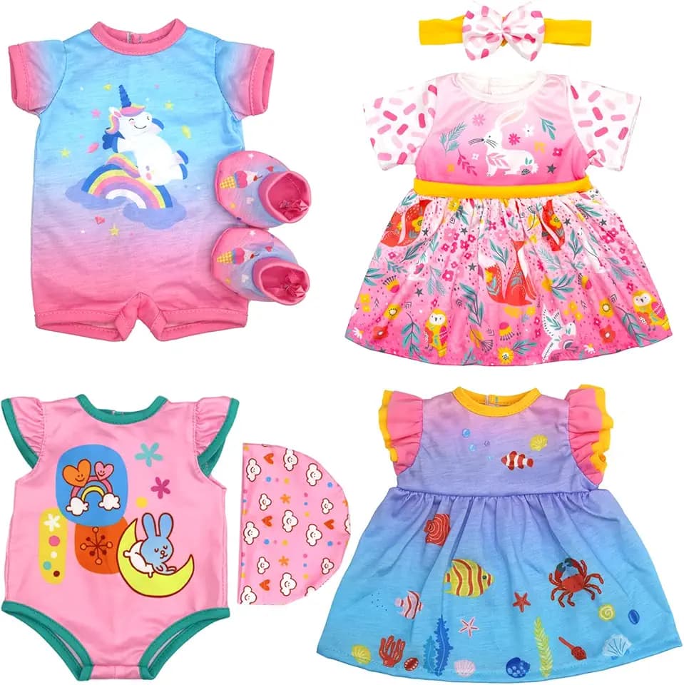 4 Set 33-40cm Puppenkleidung: Strampler, Kleid, Mütze, Socken, Stirnband