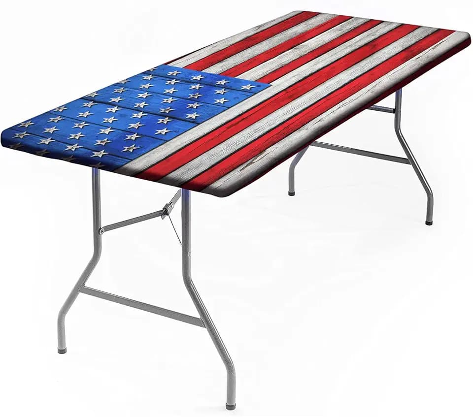 American Flag Elastic Edge Fitted Tablecloth, Wood Texture Print Rectangle Table Cover, Stretched to Fit 48 x 24 in Table, for Parties, Indoor Dinner, Outdoor Picnic Use