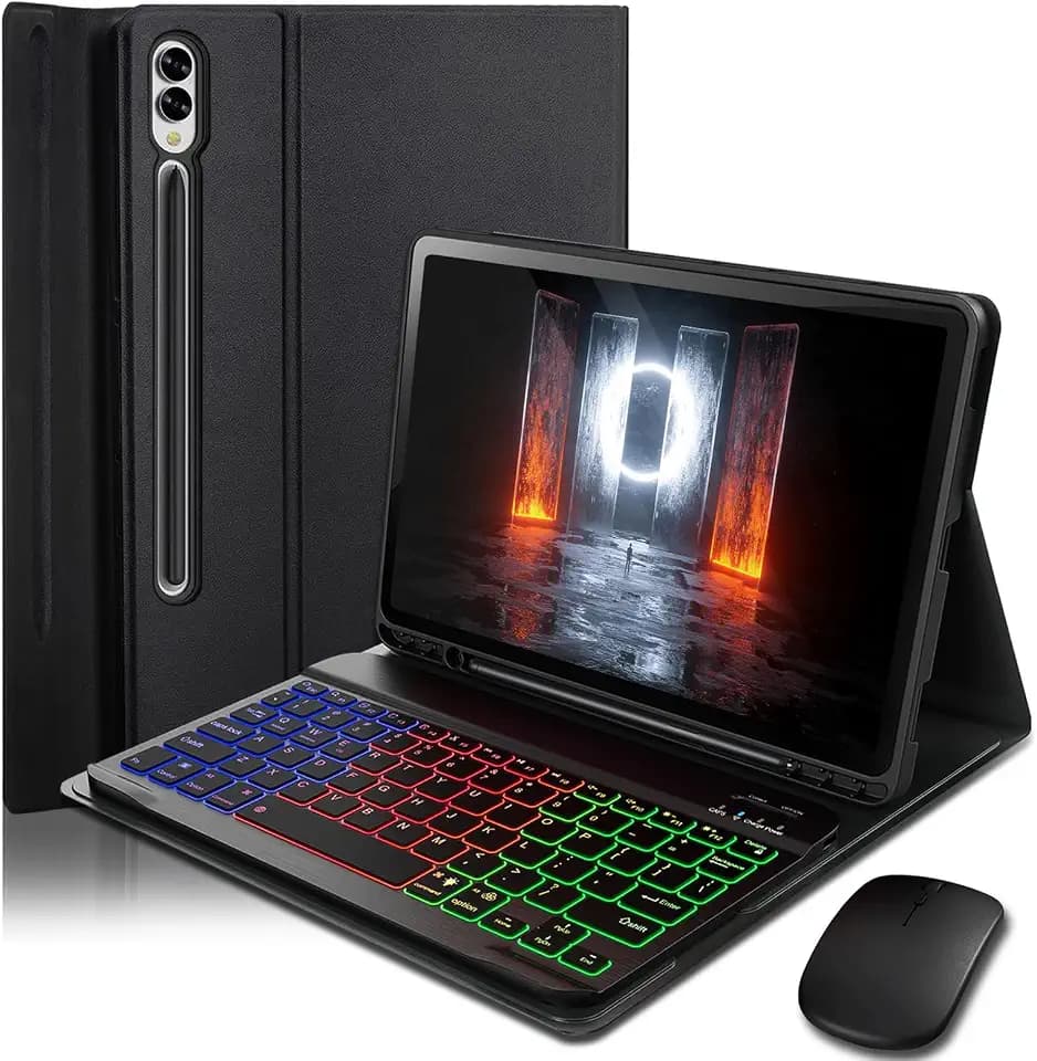 Case Keyboard for Samsung Galaxy Tab S10+ Plus / S9 FE+ Plus / S9+ Plus / S8+ Plus / S7 FE / S7+ Plus 12.4 inch - 7 Color Rainbow Backlit Magnetic Keyboard with S Pen Holder with Mouse - Black