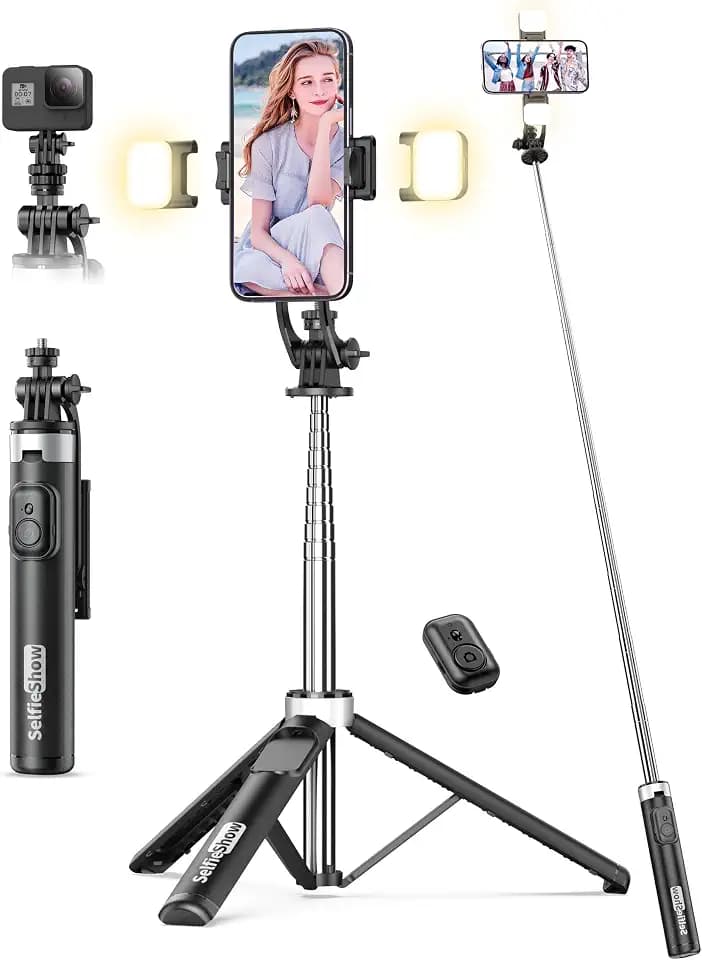 135CM Selfie Stick mit 2 Fülllicht, All-in-1 Handy Stativ mit Abnehmbarer Fernbedienung, 360° Drehbarer Tragbar Stativ Handyhalterung Stabil Selfie Stange Kompatibel mit iPhone/Samsung/Android