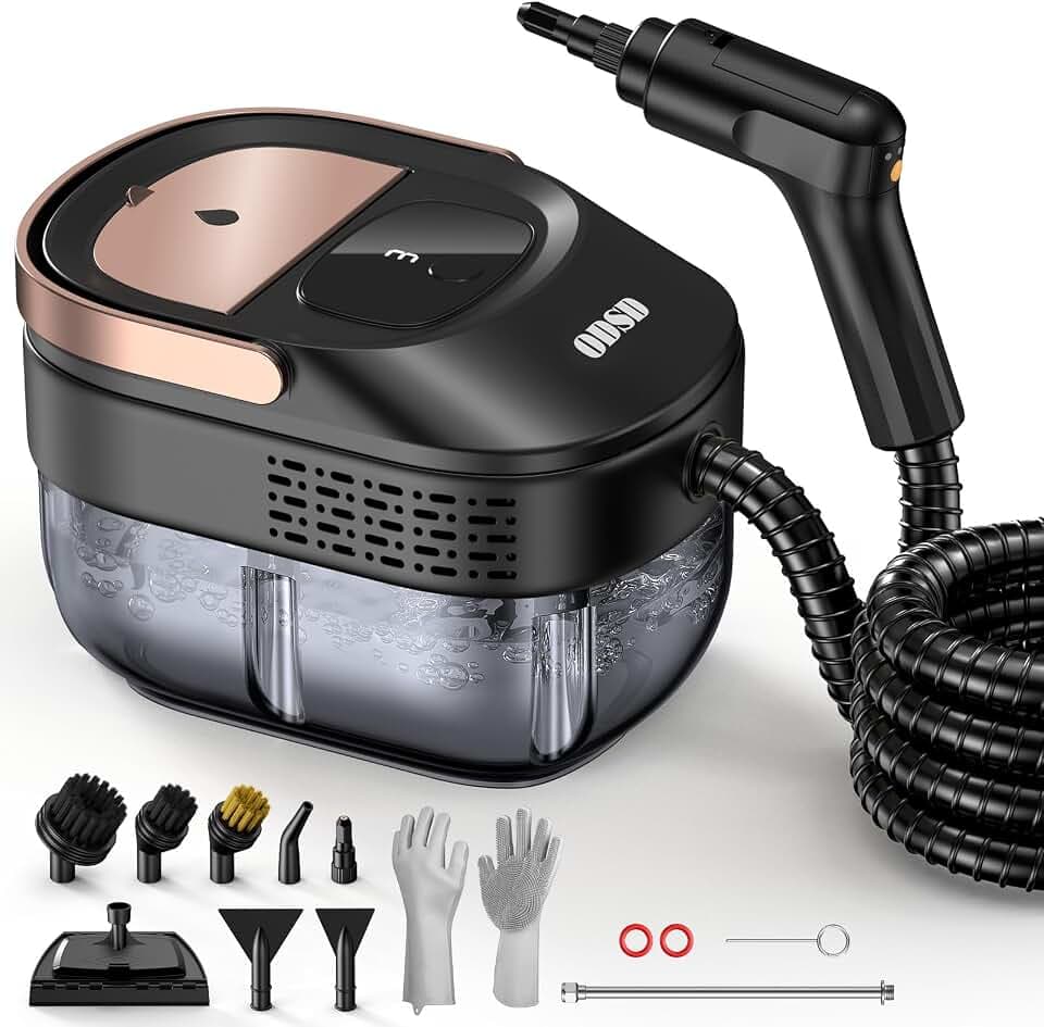ODSD Dampfreiniger für Haushalt und Auto, 3-stufig einstellbarer Dampfreiniger, 15 Sekunden Aufheizzeit und 1,6 l großer Tank, Handdampfreiniger für Autos, Haushalt, Küche, Fenstern,Boden