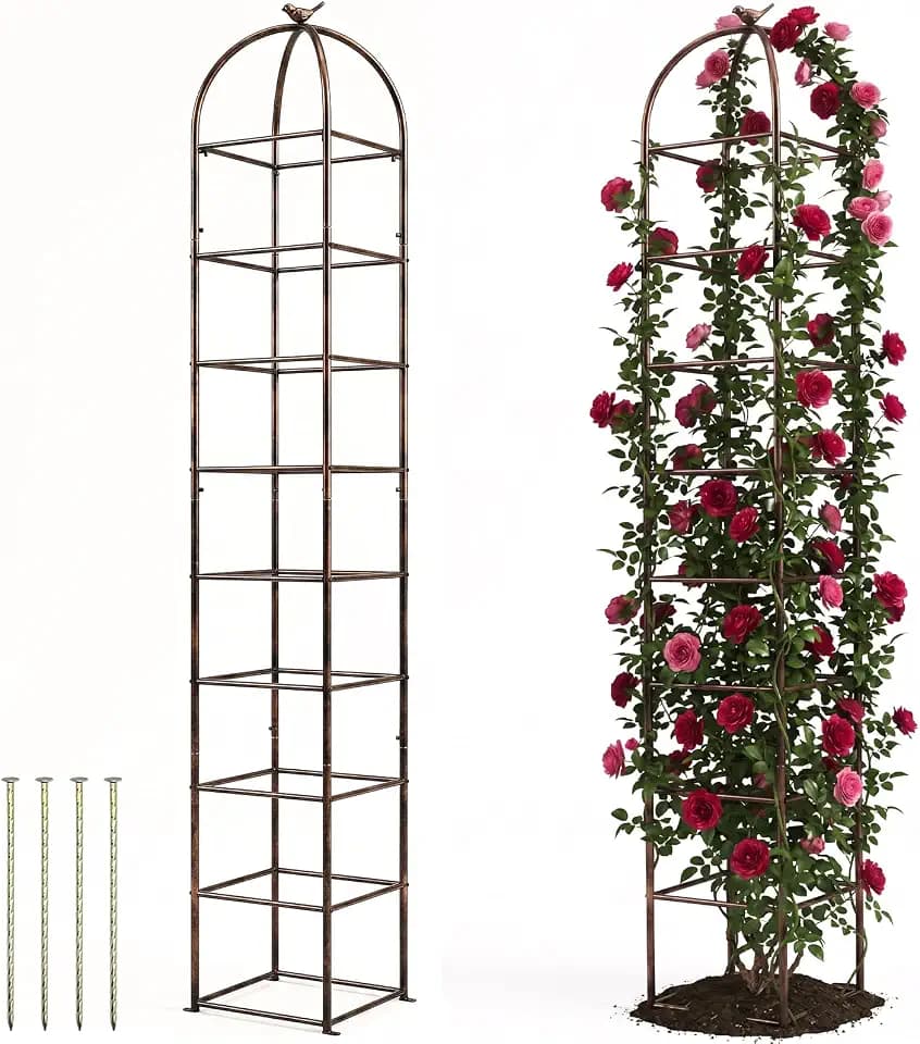 Heavy Duty 8.4 FT Garden Obelisk Trellis for Climbing Plants Outdoor, Rust-Resistant Large Metal Plant Support Tower with Bird Topper & Ground Stakes, Yard Art Decor for Roses Clematis Vines (Bronze)