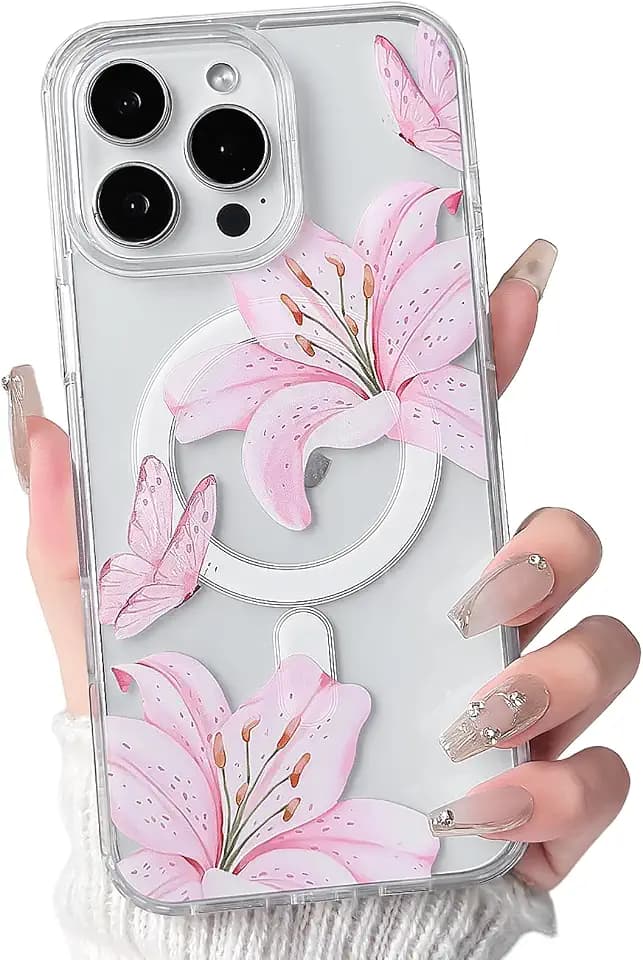 NITITOP Magnetic for iPhone 16 Pro Case Clear Flower - Pink