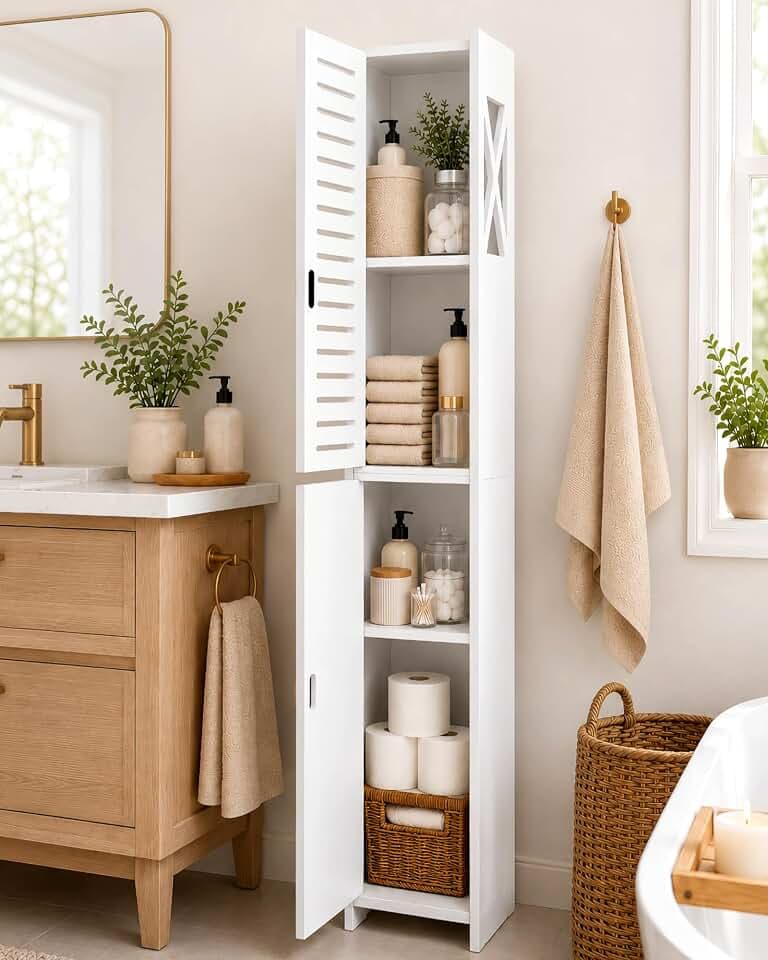 Badezimmer-Aufbewahrungsschrank, bodenstehender Vitrine, Heimaufbewahrung, Möbel-Organizer-Einheit für Büro, Wohnzimmer, Küche, Eingangsbereich, Weiß