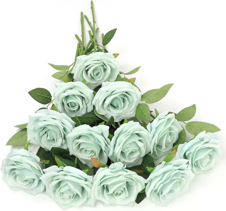LVEFIT Künstliche Rose, Salbeigrün, Salbeigrün, Seidenblumen, 12 Stück mit langem Stiel, Seidenrosen, Blumenstrauß für Hochzeit, Brautparty, Teil, Heimdekoration
