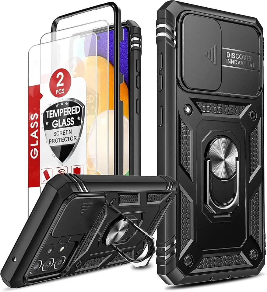 LeYi Schutzhülle für Samsung Galaxy A52 4G / A52 5G / A52S 5G, mit [2 Stück] Hartglas, verschiebbare Kameraabdeckung, 360-Grad-Schutz, Ringhalterung, Bumper Case, Schwarz