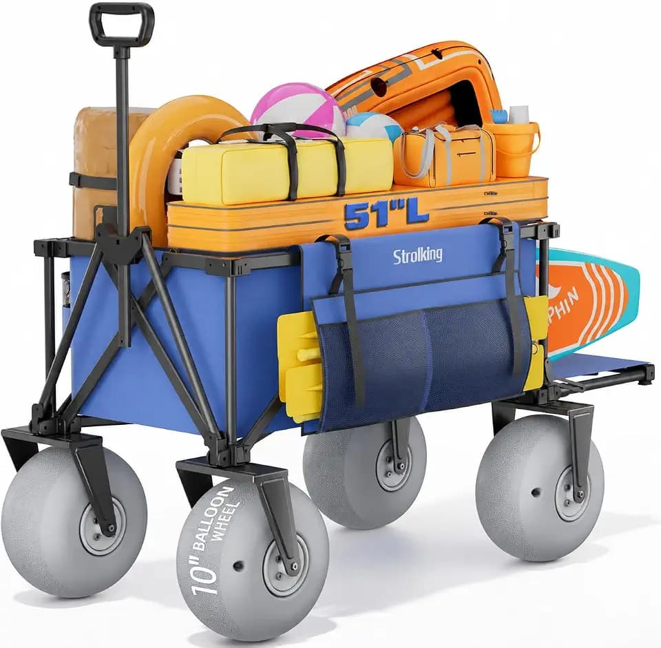 51" Foldable Beach Wagon, 10" PU Balloon Wheels for Soft Sand
