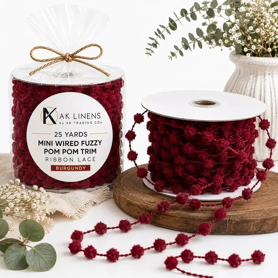 AK Trading CO. 25 Yards Fuzzy Pom Pom Wired Trim Ribbon Lace - Burgundy