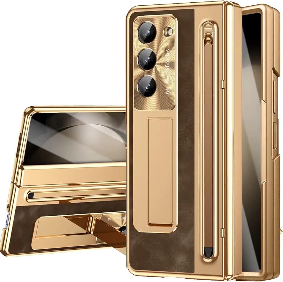 NINKI for Samsung Galaxy Z Fold 8 Ultra Case with S Pen Holder & Stylus Pen, Kickstand & Screen Protector Hinge Plating Leather Phone Cover for Z Fold 8 Ultra Case with Pen & Stand– Gold with Coffee