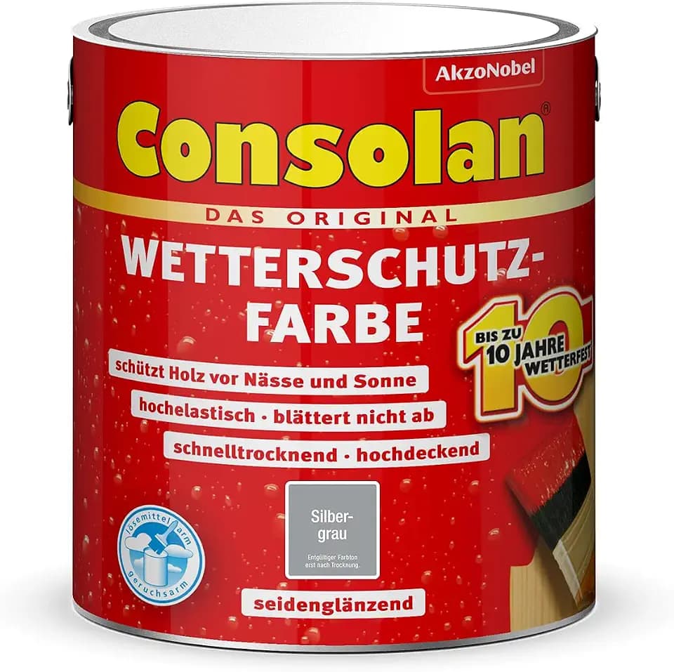 Consolan Wetterschutz-Farbe, Deckender Holzschutz für Außen, Silbergrau, 2,5L