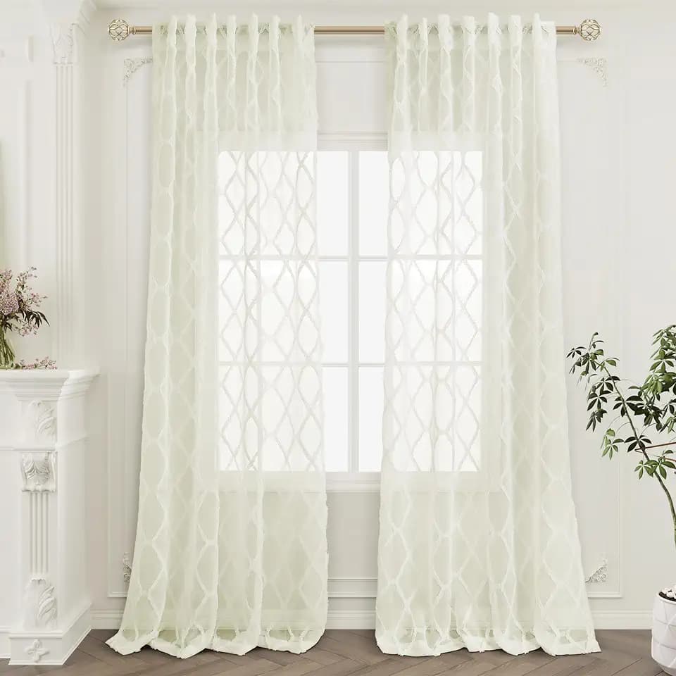 Hokibero Cream Boho Sheer Curtains 90 Inches Long 2 Panels for Living Room Shabby Chic Modern Farmhouse Semi Sheer Curtains Elegant Cute Tufted Room Decor Gauze Window Curtain Drapes 90 inch Length