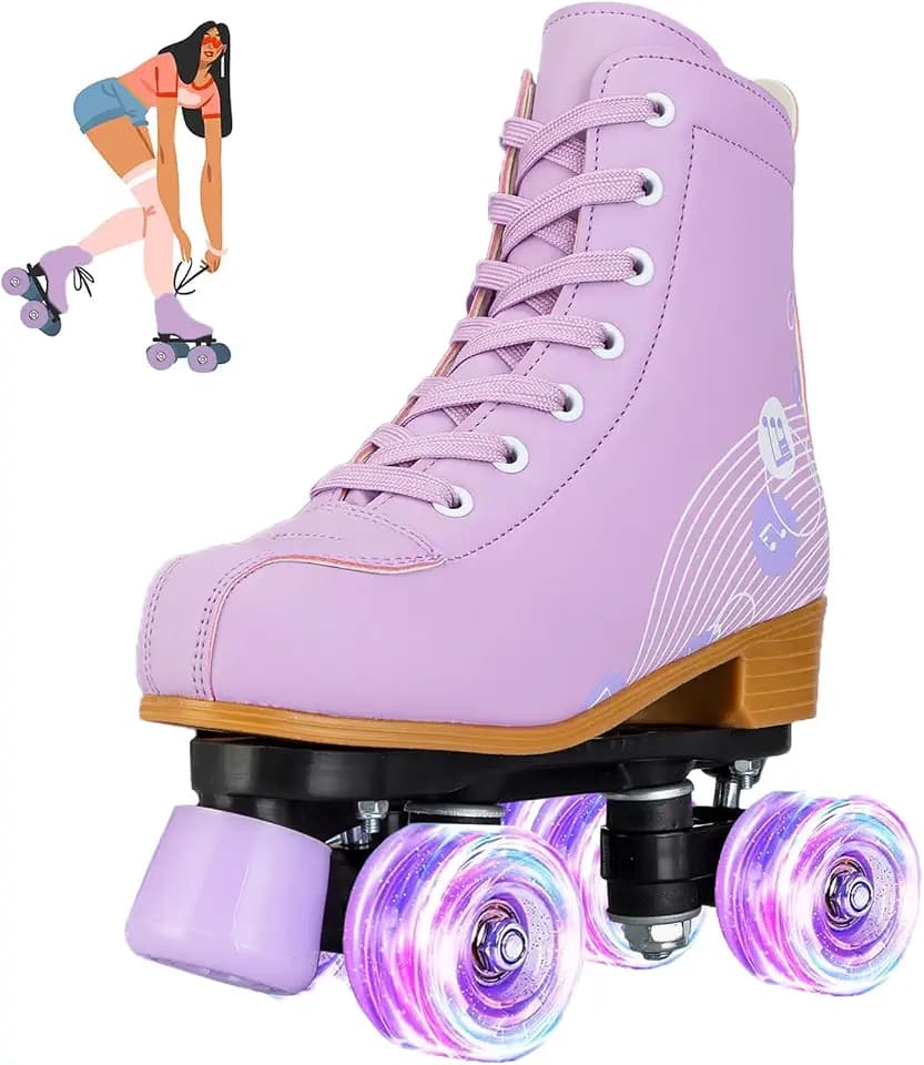 jessie Roller Skates for Girl and Women, PU Leather Light up Kids Roller Skates, Cute Adjustable Four-Wheel Beginner Youth Roller Skates Girls Ages 8-12 Outdoor Indoor